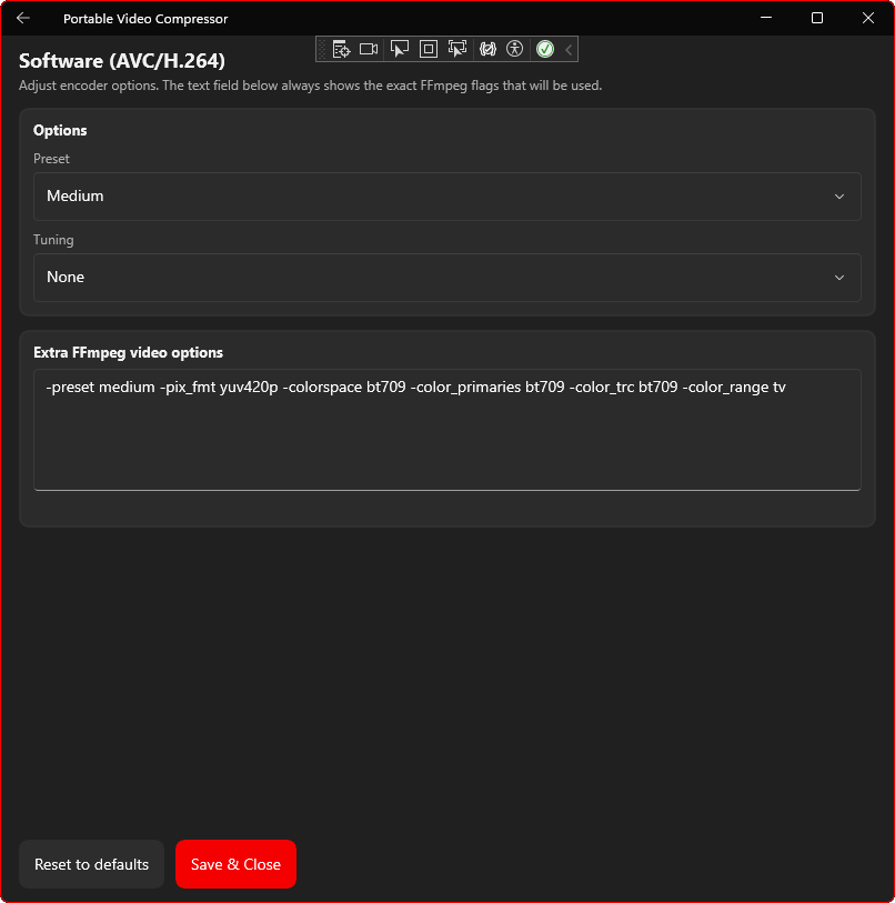 The Encoder Tuning page showing Preset and Tuning dropdowns and the exact FFmpeg flags that will be used.
