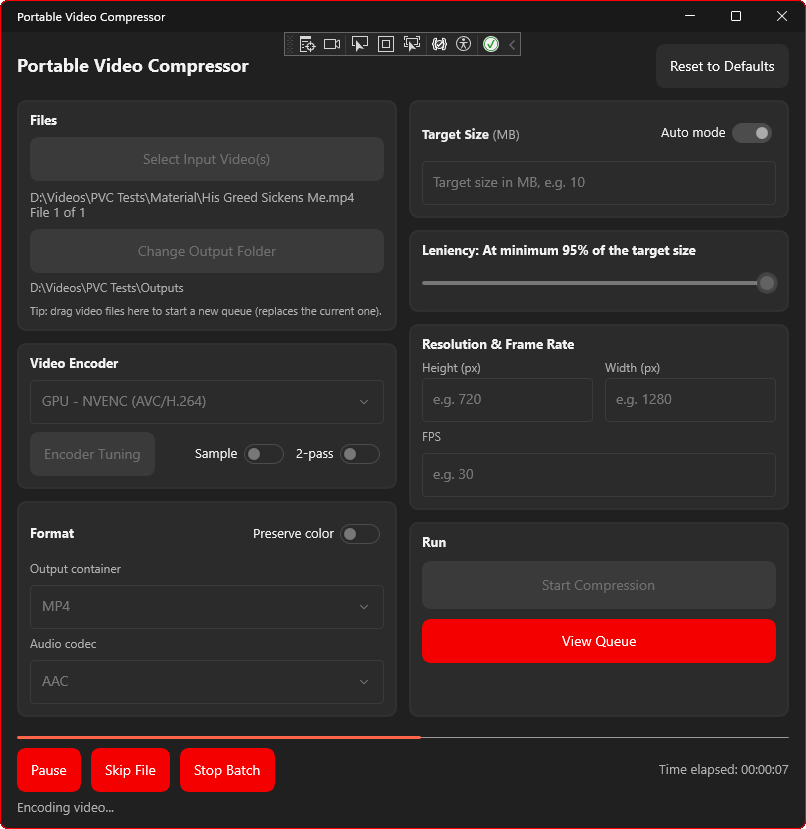 Portable Video Compressor mid-encode: a live progress bar, elapsed time, and Pause, Skip File and Stop Batch controls while a video is compressed.