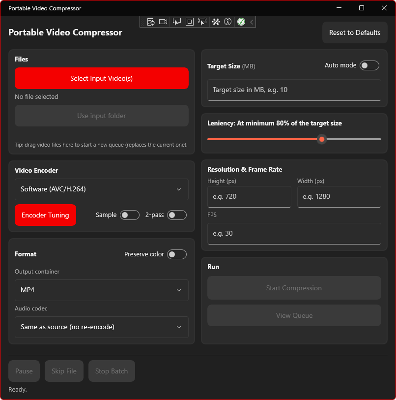 The Portable Video Compressor main window: choose input videos, set a target size in MB, pick a video encoder, resolution and frame rate, then start compression.