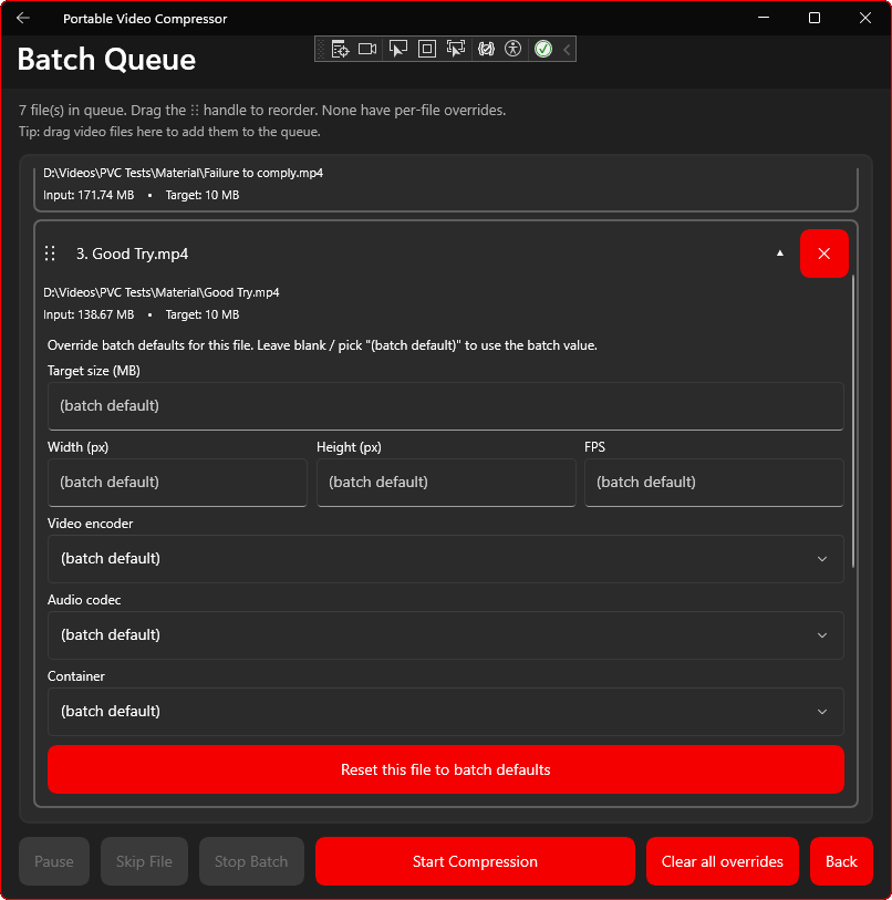 A queue item expanded to show per-file overrides for target size, width, height, FPS, encoder, audio codec and container.