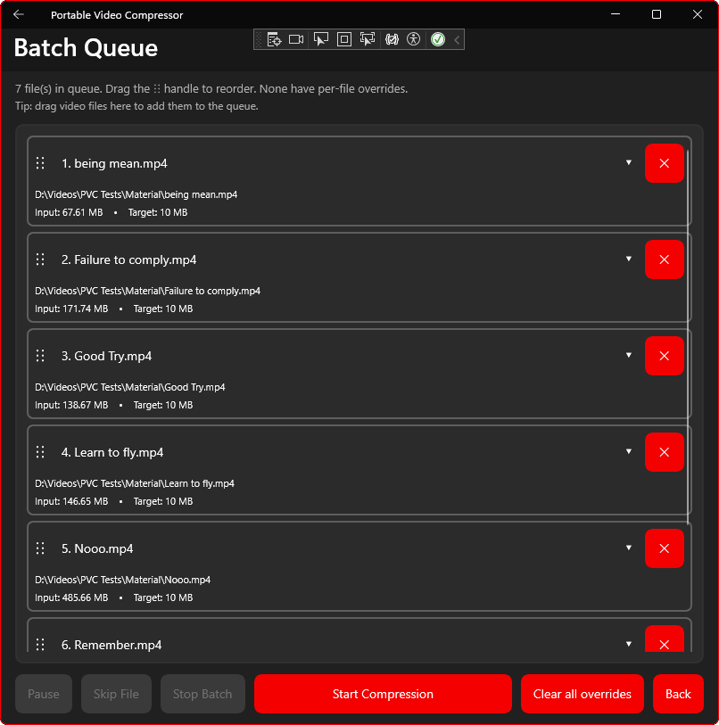 The Batch Queue page listing seven videos with input sizes and target sizes, each row draggable to reorder.